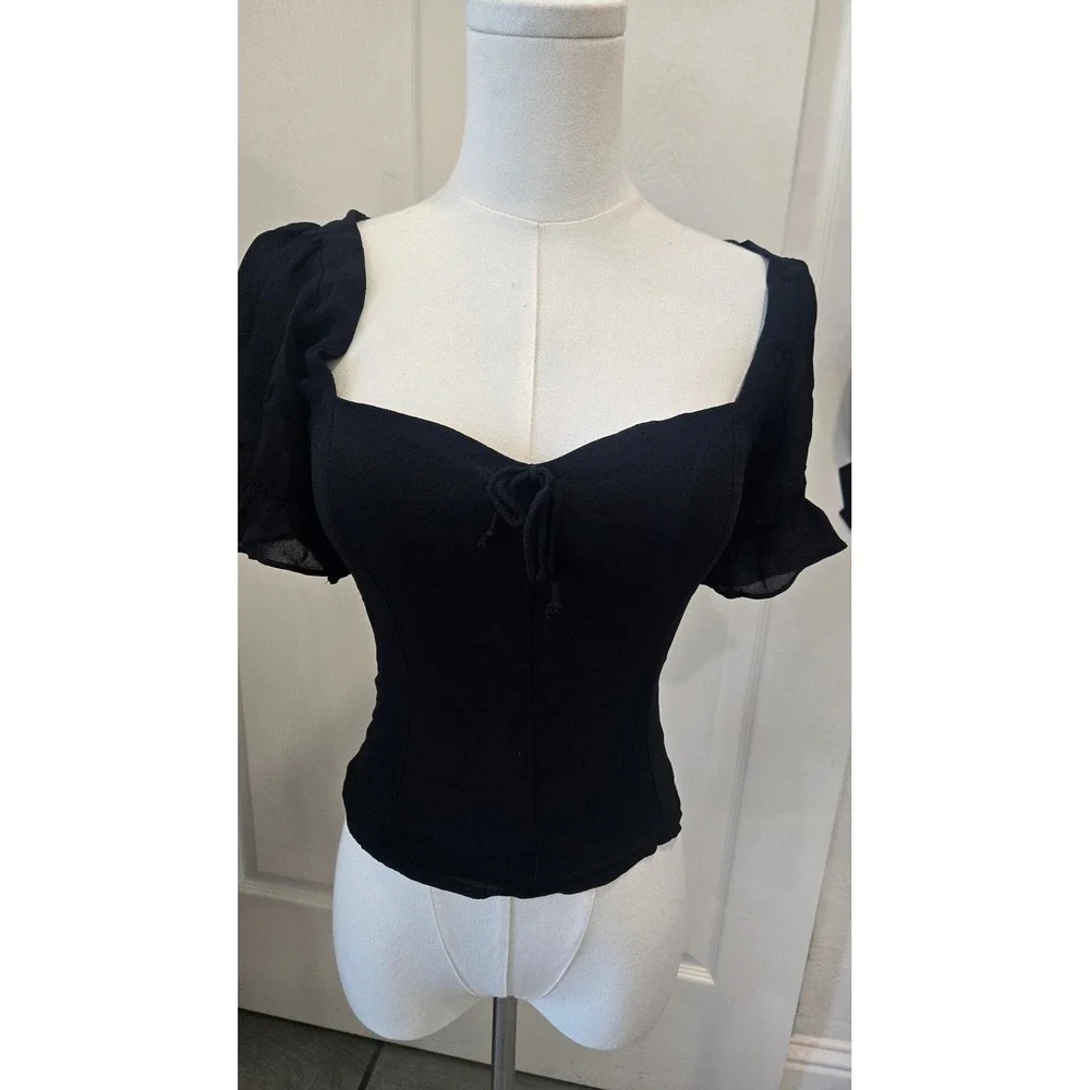 Reformation Black Corset Top Sheer Puff Sleeve Smocked Back Sweetheart Neck 4